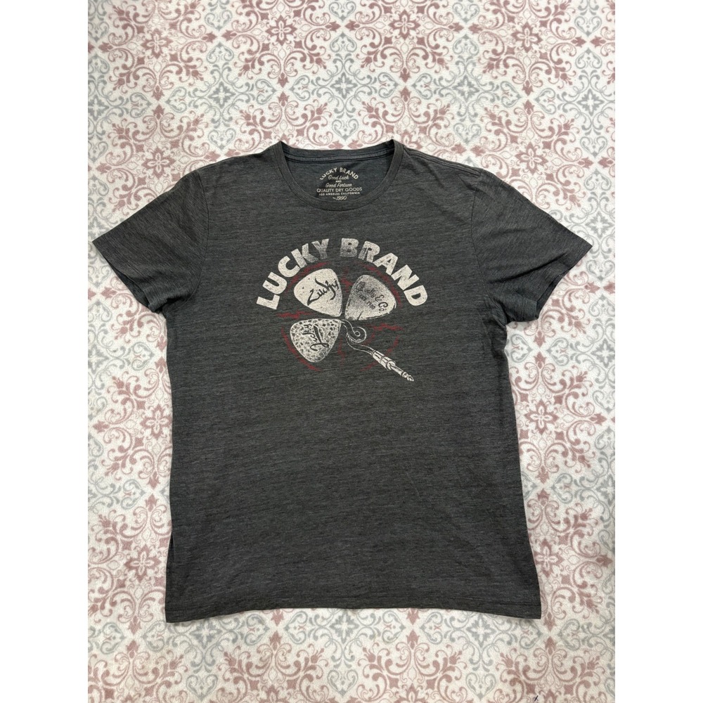 Lucky Brand Mens Gray Heather Guitar Pick Clover Graphic T-Shirt Large